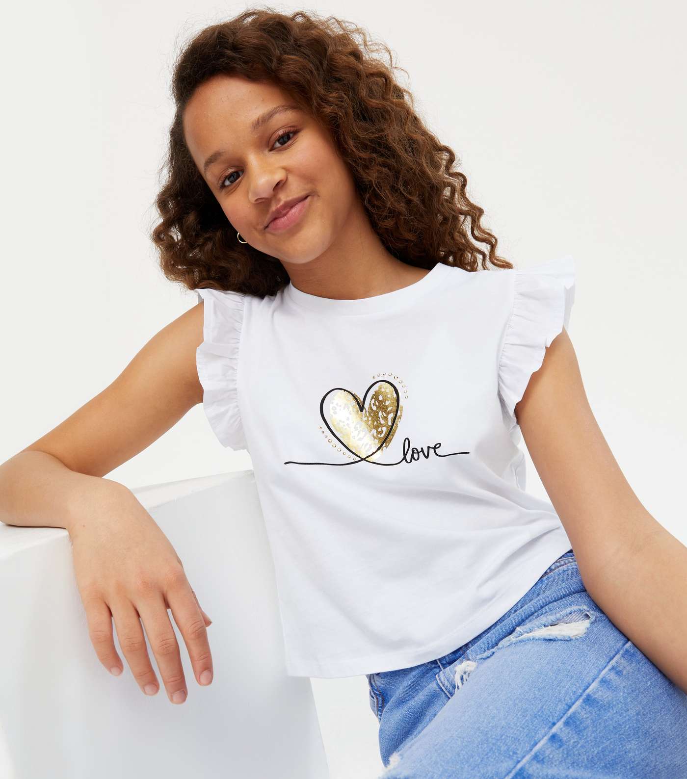 Girls White Metallic Love Logo Frill T-Shirt