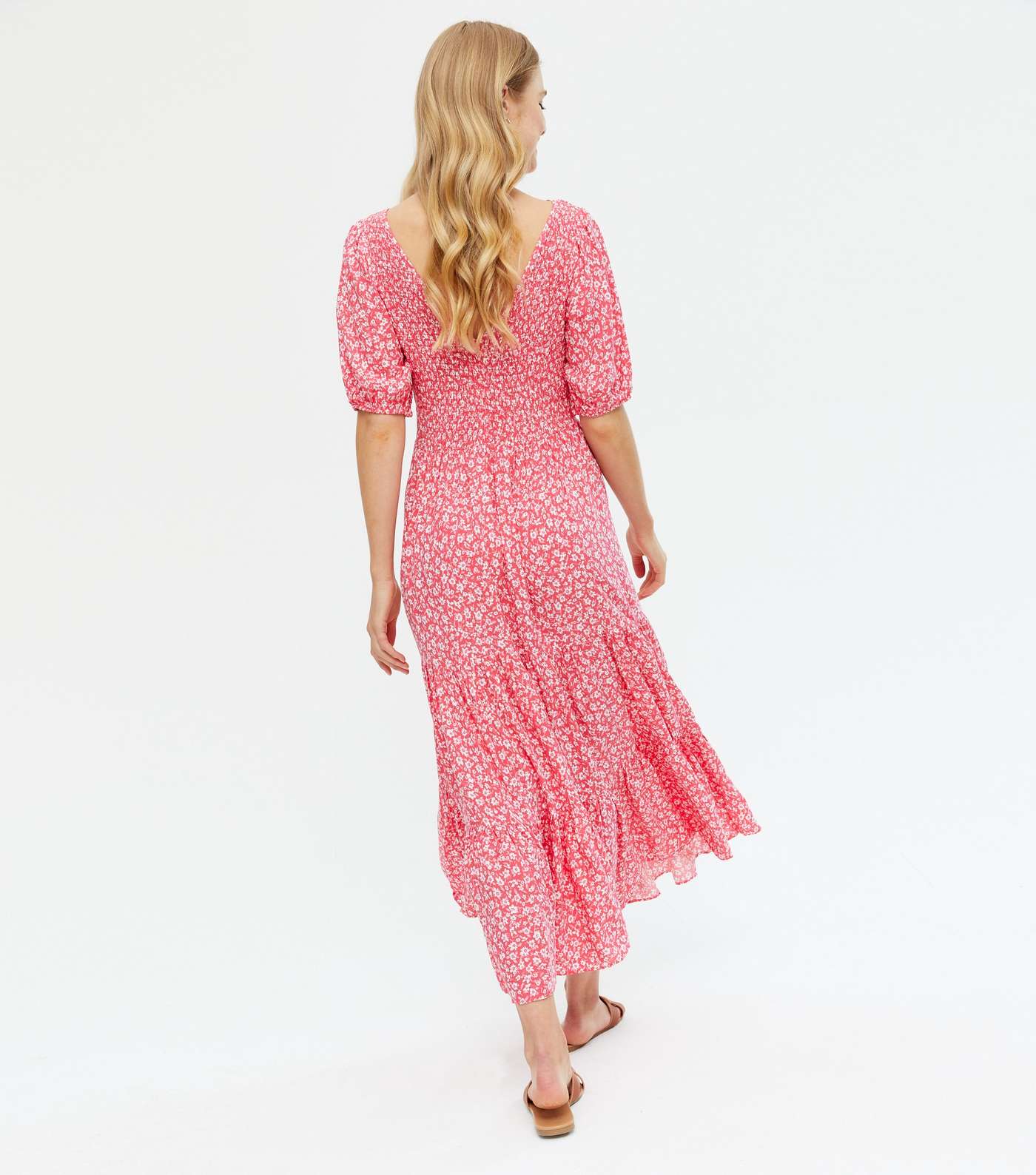 Pink Floral Shirred Tiered Midi Dress Image 4