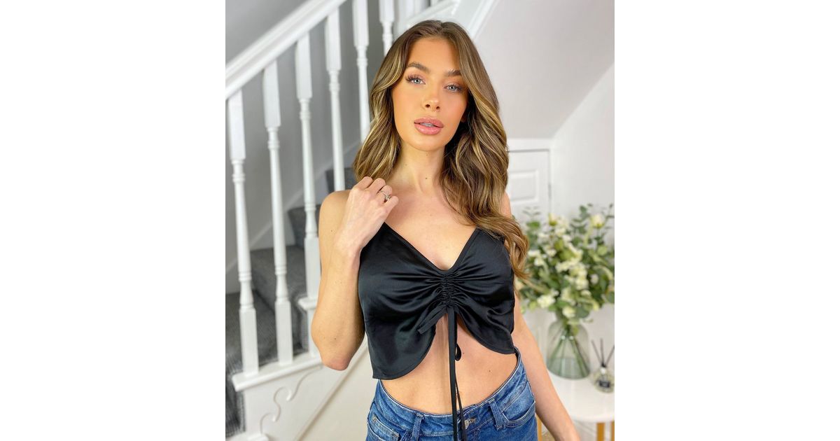 Black Satin Cami Tie Front Crop Top, Tops