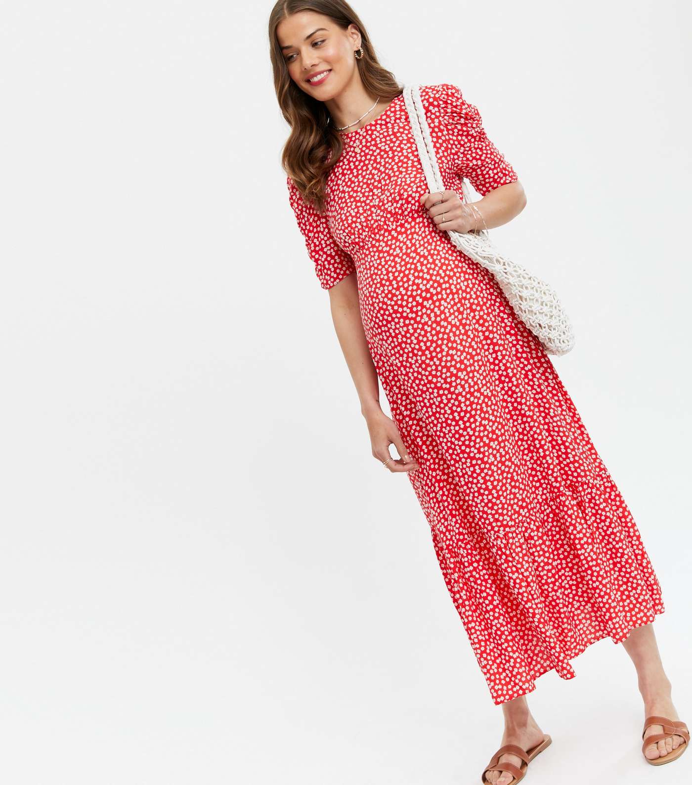Maternity Red Ditsy Floral Tie Back Midi Dress