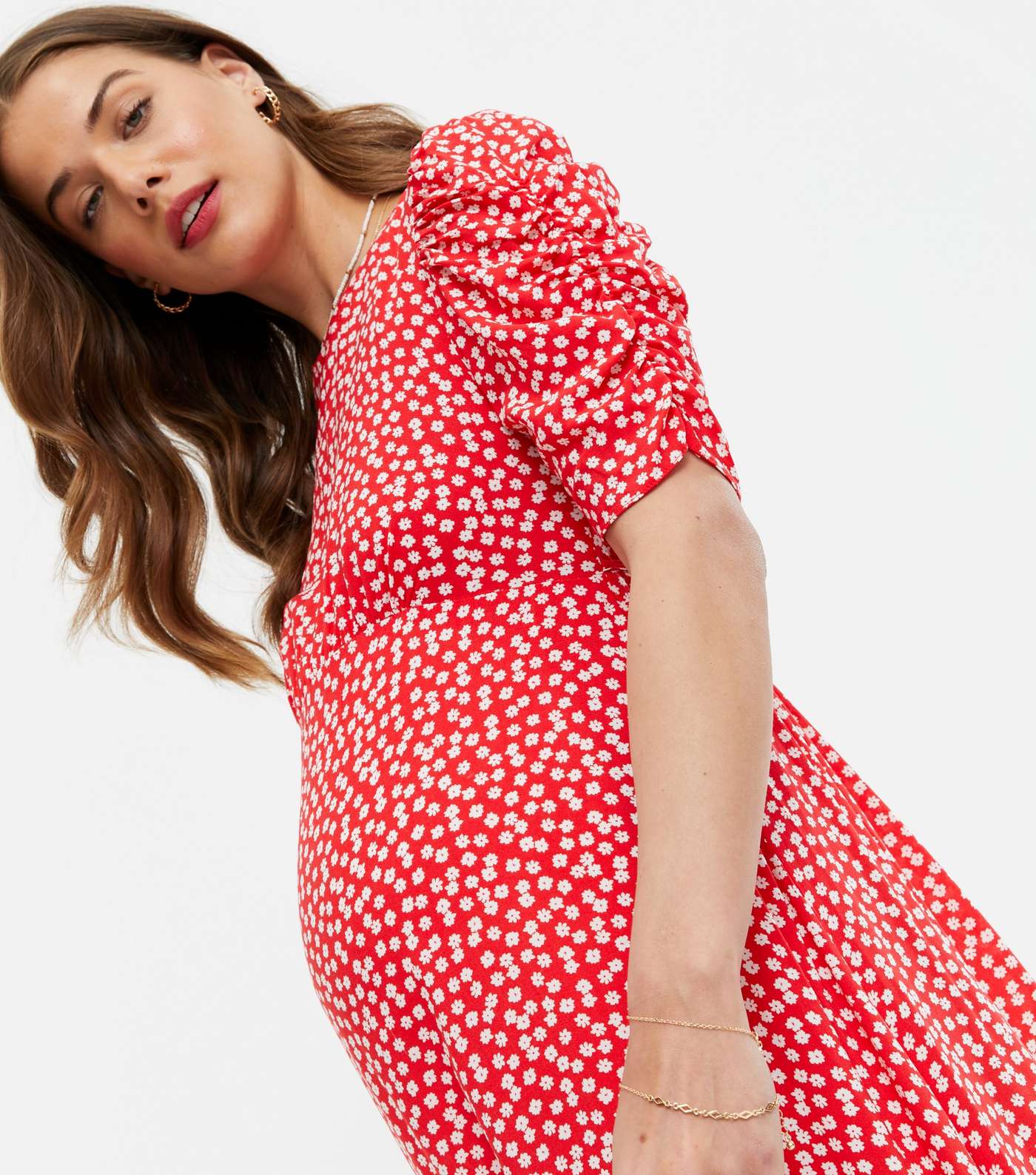 Maternity Red Ditsy Floral Tie Back Midi Dress Image 3