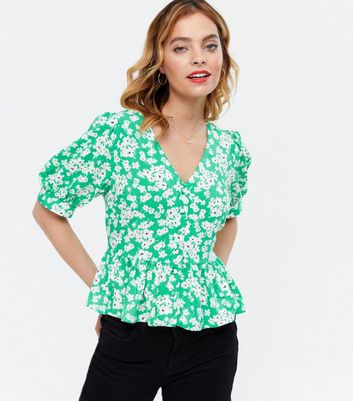 Petite Green Floral Peplum Blouse | New 