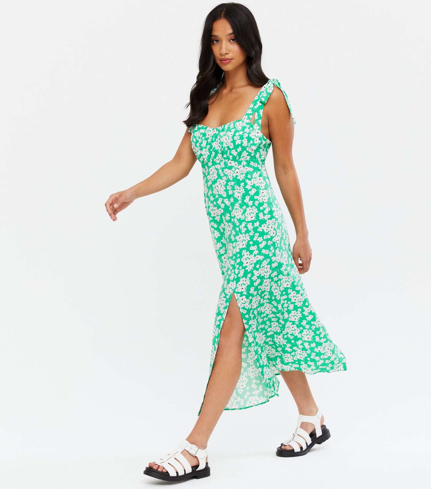 Petite Green Floral Tie Strap Midi Dress Image 2