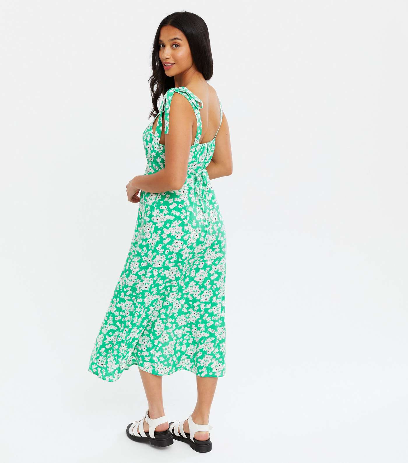 Petite Green Floral Tie Strap Midi Dress Image 4