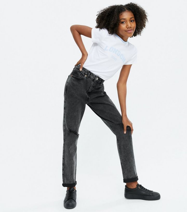 Girls Black Acid Wash High Waist Tori Mom Jeans New Look