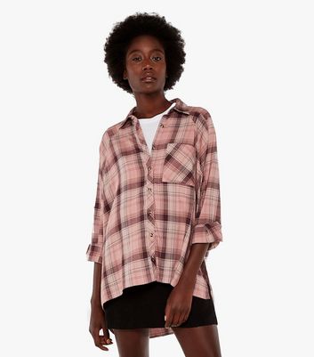 Apricot Pink Check Long Oversized Shirt 
