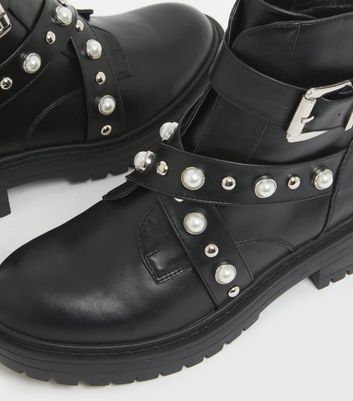 black pearl studded biker boots