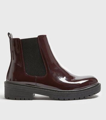 Dark Red Patent Chunky Chelsea Boots New Look Vegan