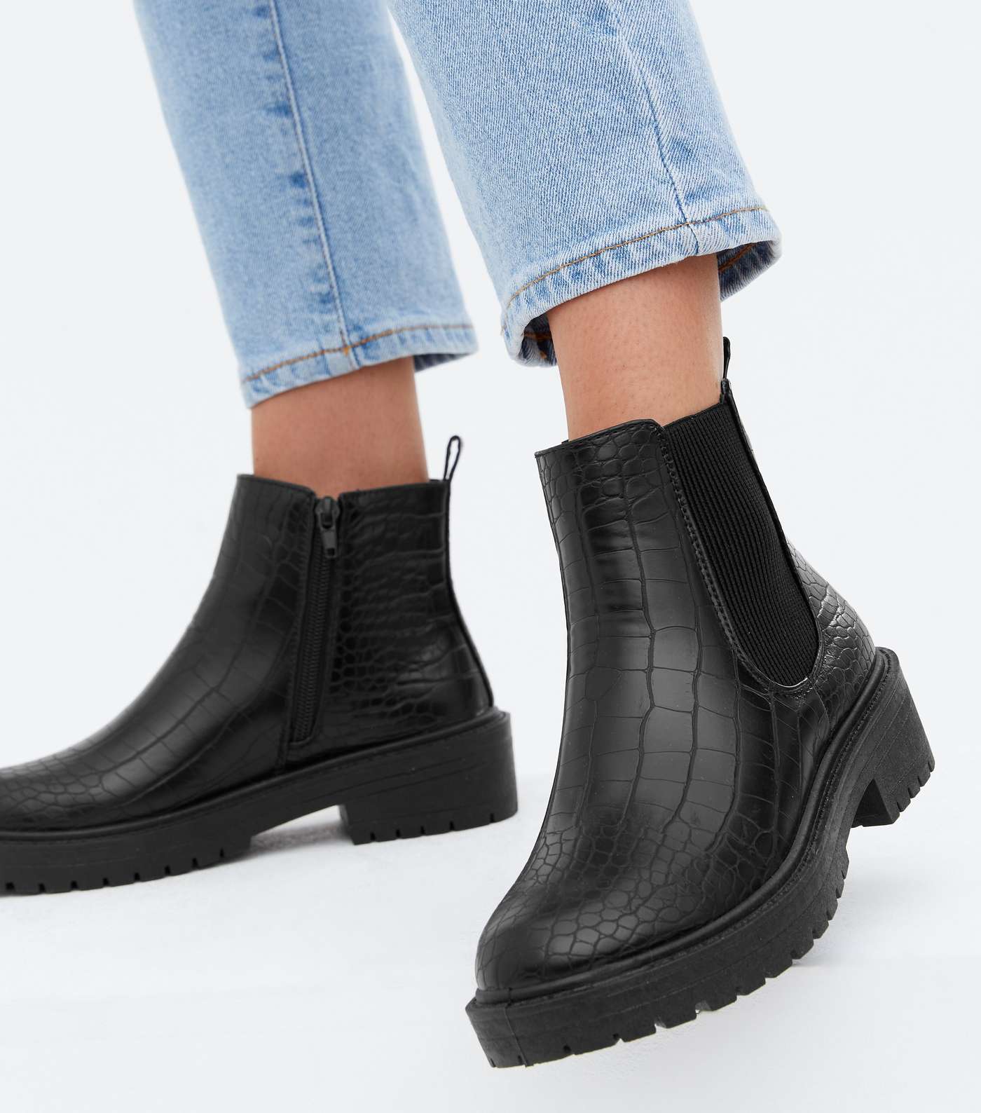 Black Faux Croc Chunky Chelsea Boots Image 2