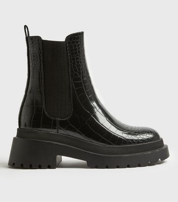 shop for Black Patent Faux Croc High Cut Chelsea Boots New Look Vegan at Shopo