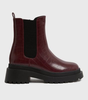 shop for Dark Red Patent Faux Croc High Cut Chelsea Boots New Look Vegan at Shopo