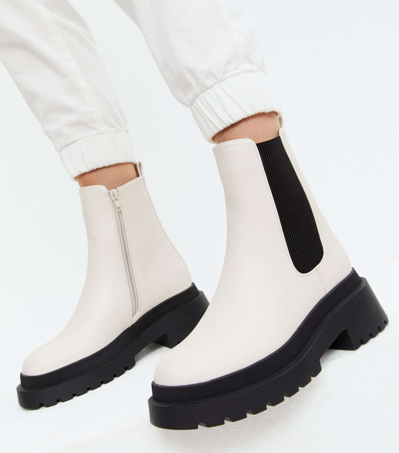 Off White Leather-Look High Ankle Chelsea Boots Image 2