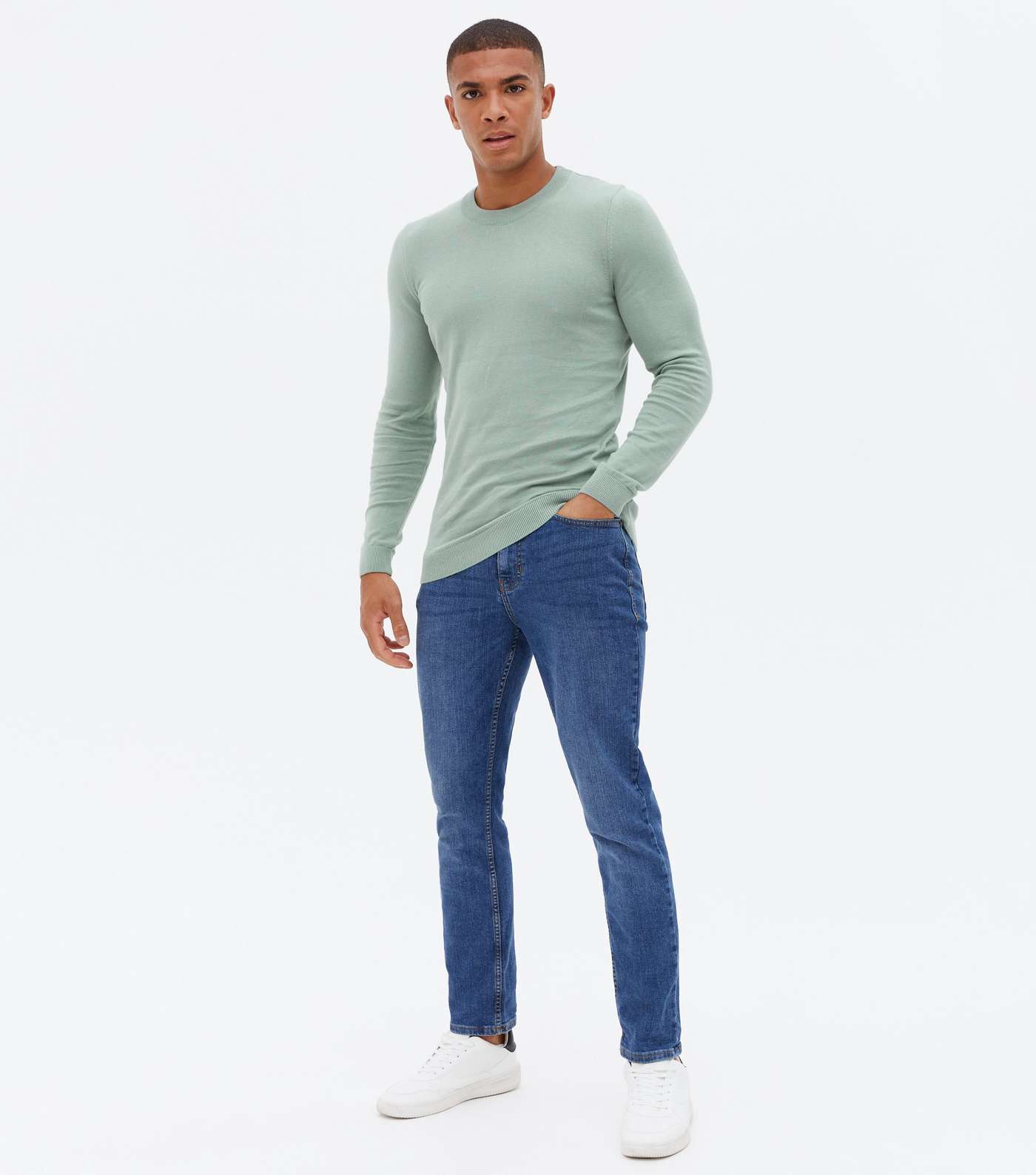 Light Green Fine Knit Muscle Fit Crew Jumper Image 2