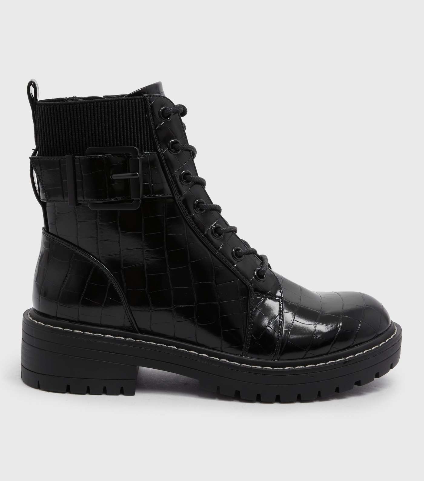 Black Faux Croc Buckle Lace Up Chunky Boots