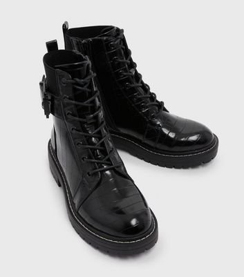 Black patent faux croc chunky buckle boots Clearance