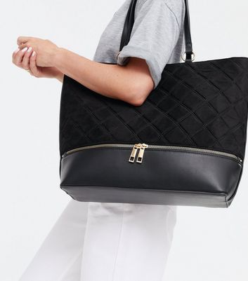 Black Quilted Suedette Double Zip Tote Bag New Look