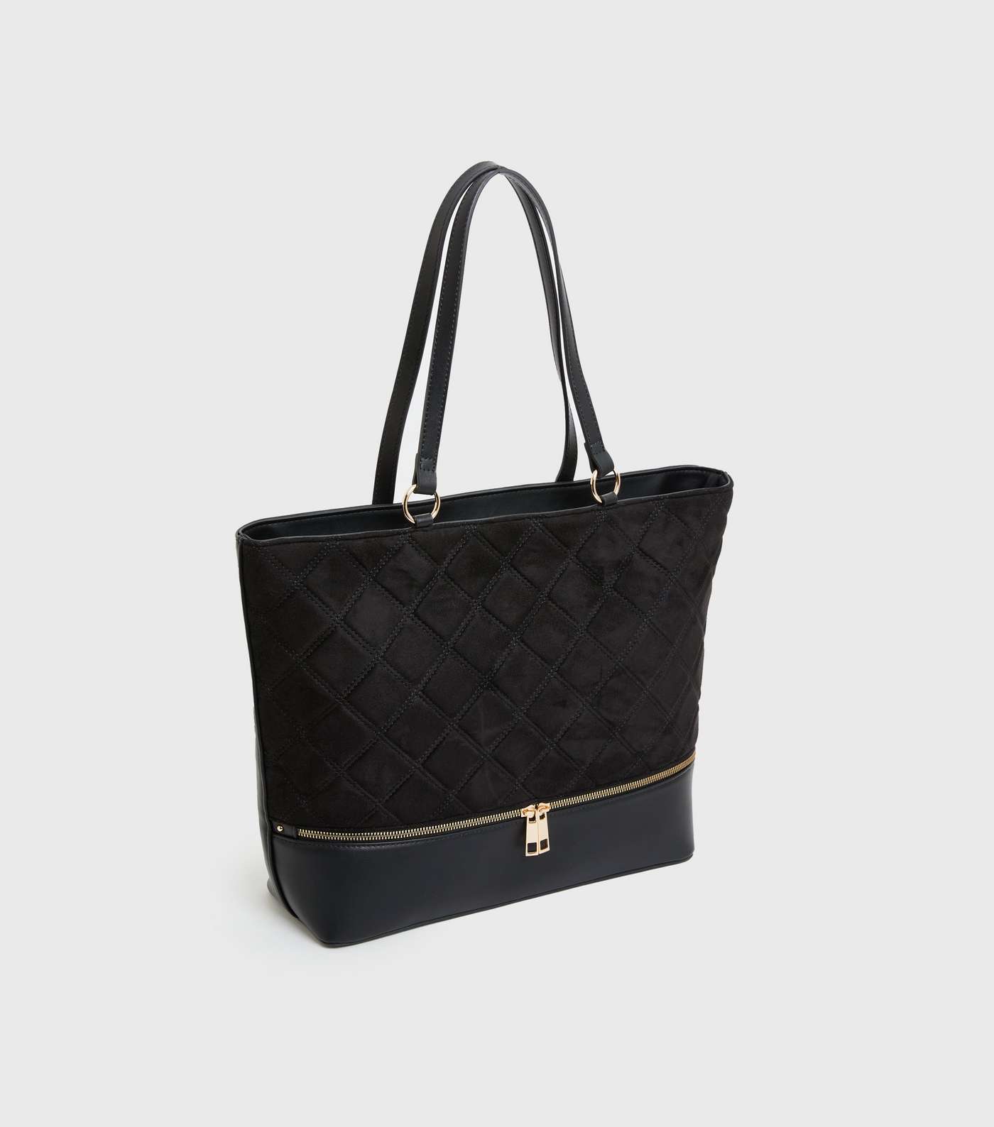 Black Quilted Suedette Double Zip Tote Bag Image 3