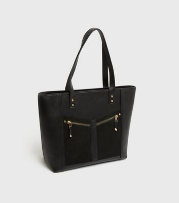 Black Suedette Panel Tote Bag New Look