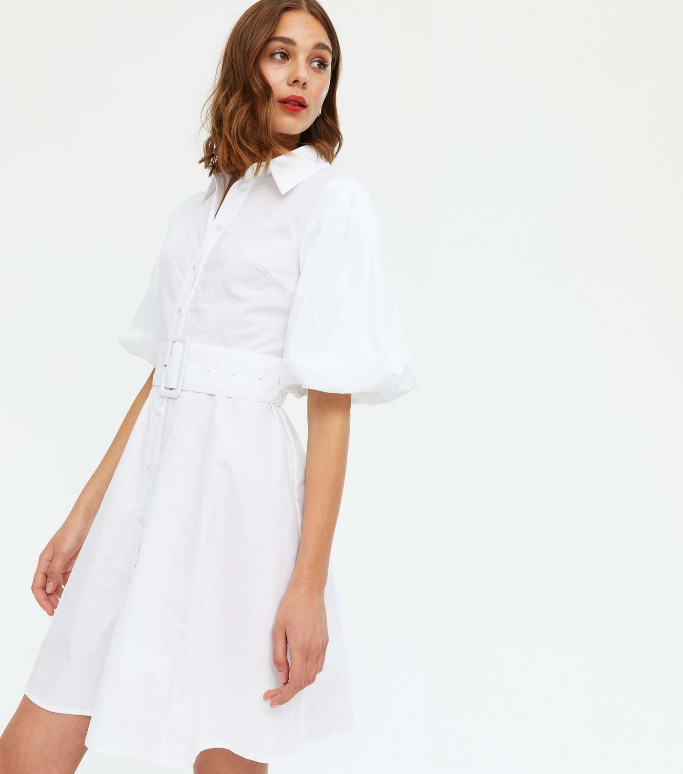 QUIZ White Belted Puff Sleeve Shirt Dress