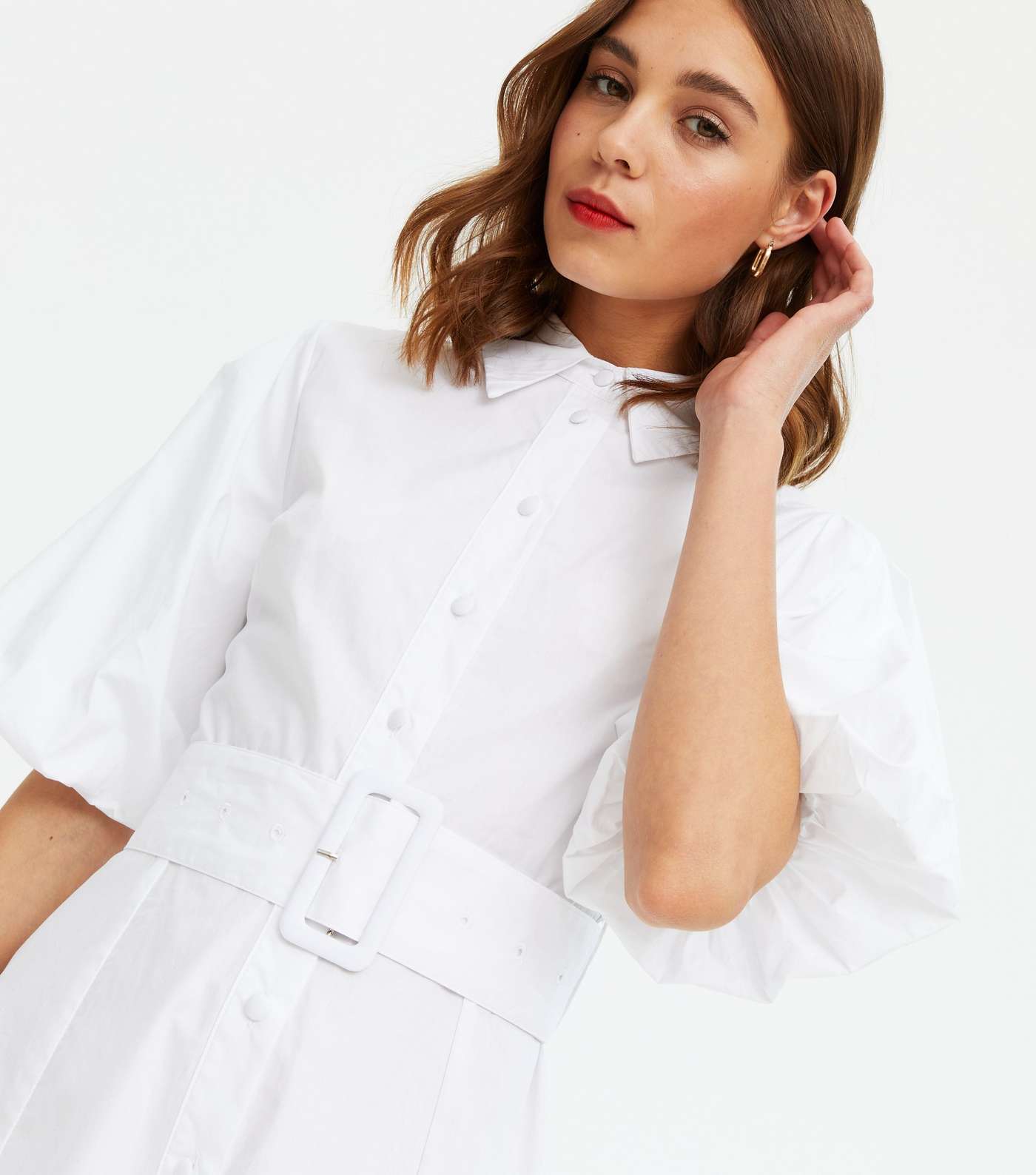 QUIZ White Belted Puff Sleeve Shirt Dress Image 3