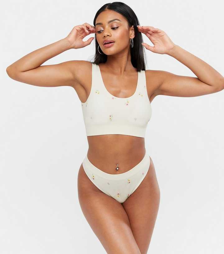 White Floral Ribbed Seamless Crop Top Bra