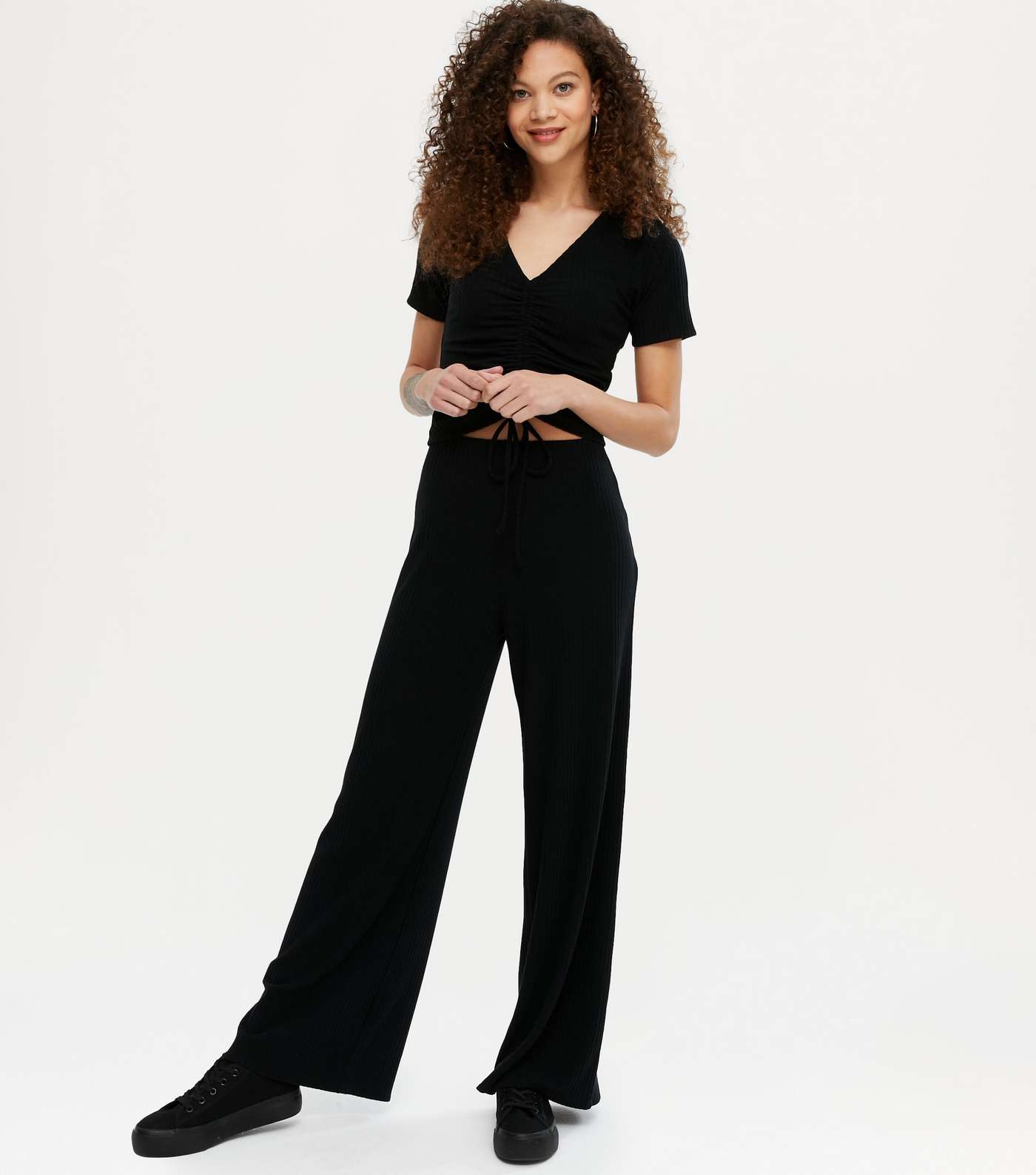 Petite Black Ribbed Ruched Top and Trousers Set