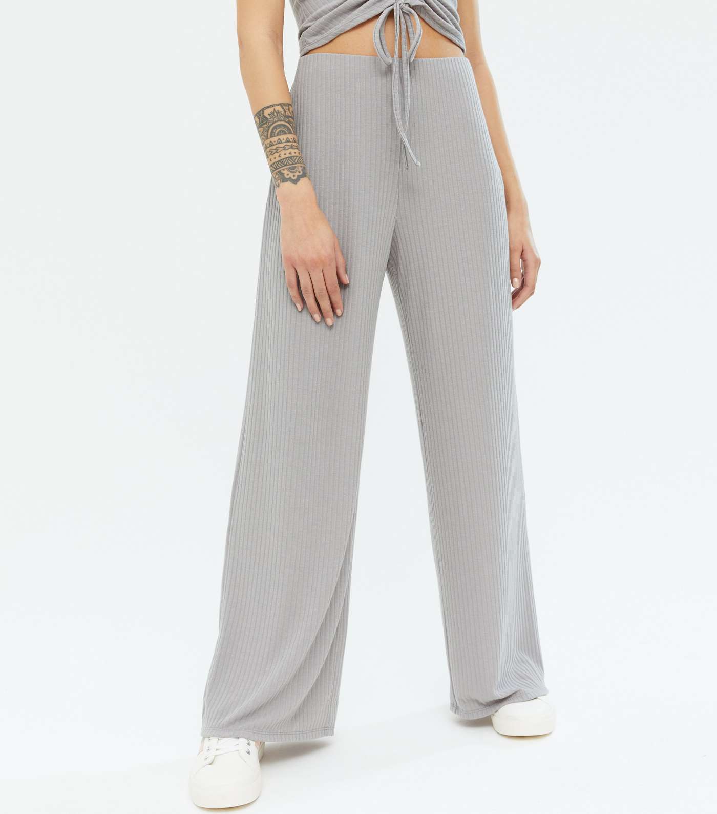 Petite Grey Ribbed Ruched Top and Trousers Set Image 3