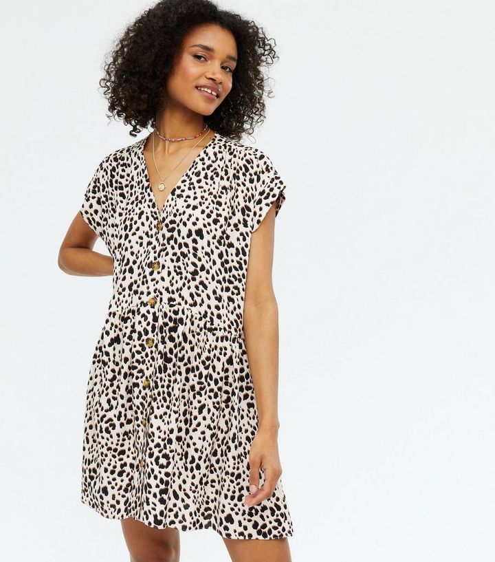 Brown Leopard Print Button Front Smock Dress | New Look