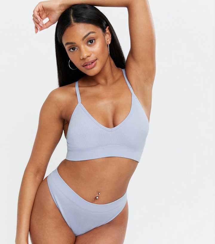 Pale Blue Ribbed Seamless Strappy Bralette