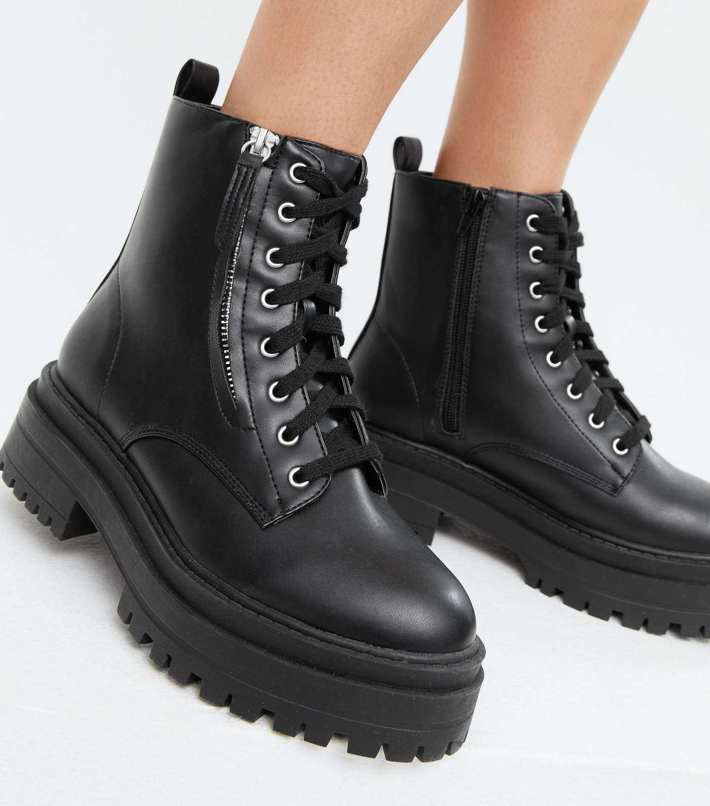 Black Zip Side Lace Up Chunky Boots Image 2