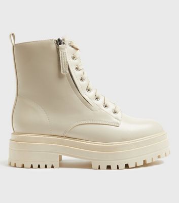 shop for Off White Zip Side Lace Up Chunky Boots New Look Vegan at Shopo