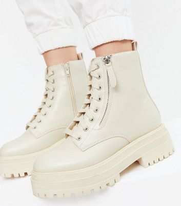 Off White Zip Side Lace Up Chunky Boots | New Look