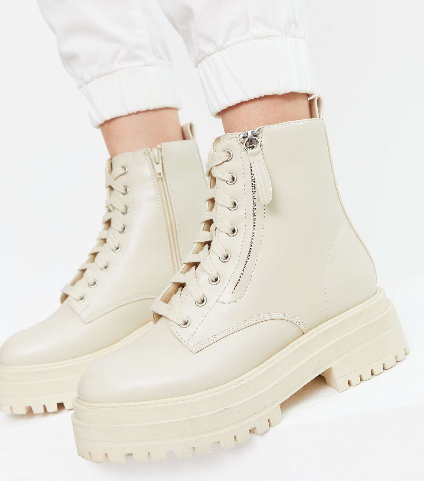 Off White Zip Side Lace Up Chunky Boots Image 2