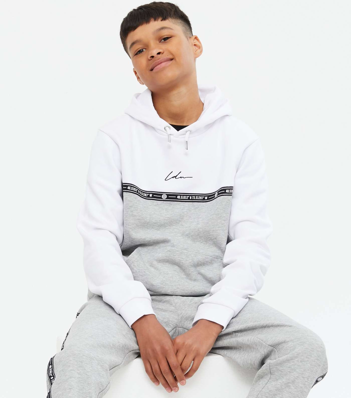 Boys White LDN Embroidered Colour Block Hoodie
