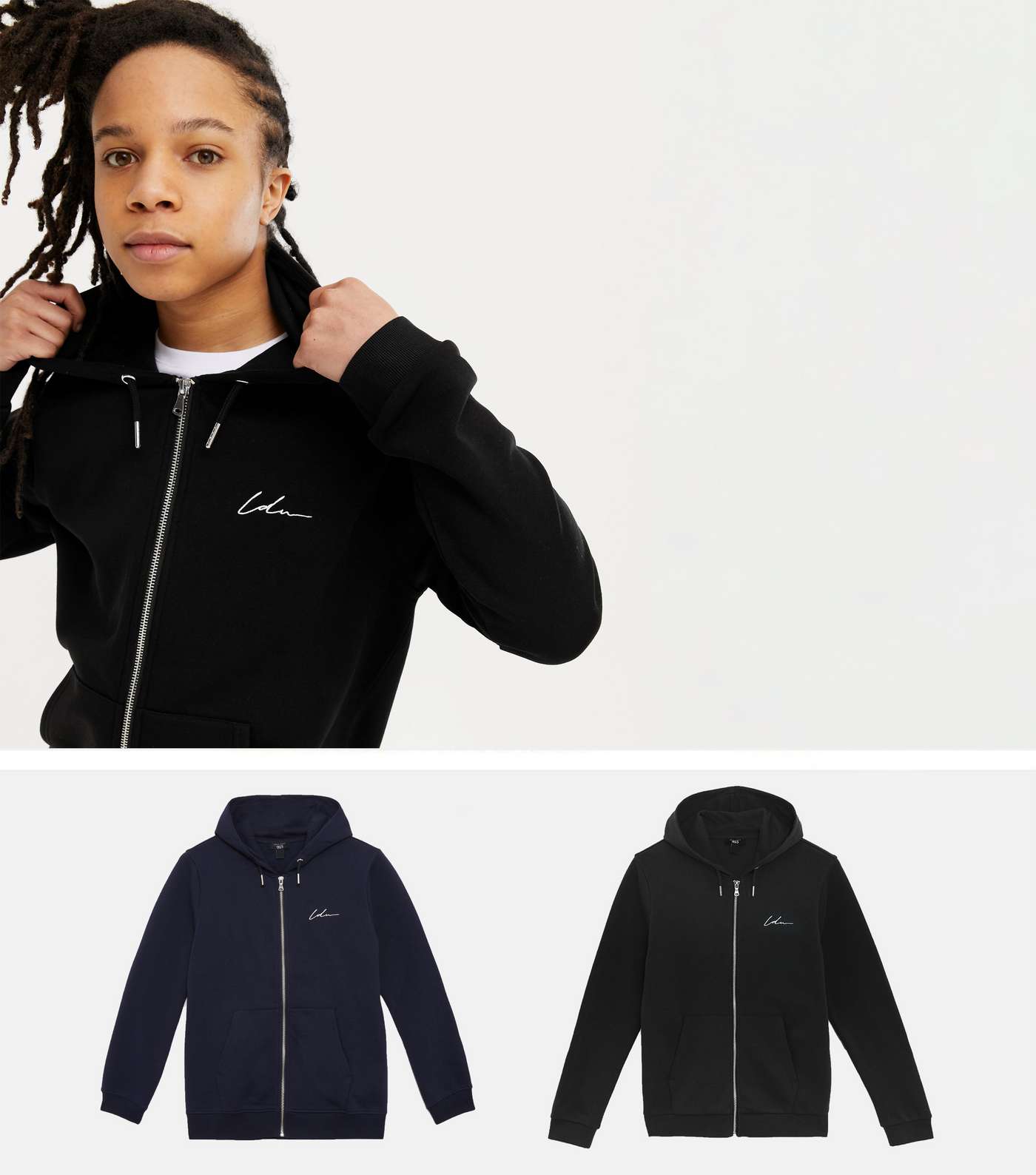 Boys 2 Pack Black and Navy Embroidered Zip Hoodies