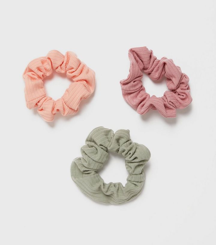 3 Pack Pink Coral and Green Ribbed Scrunchies | New Look