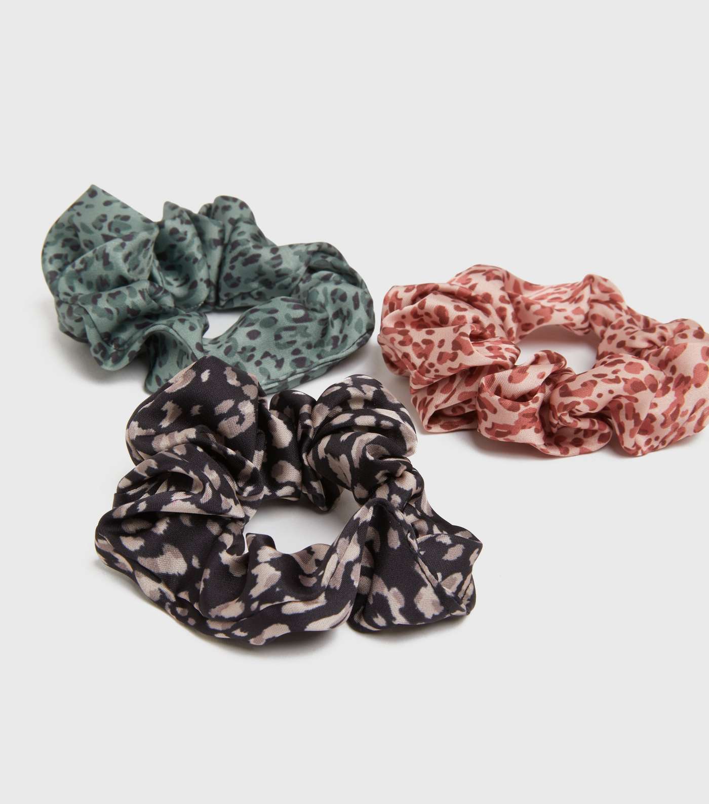 3 Pack Green Black and Red Leopard Print Scrunchies Image 2
