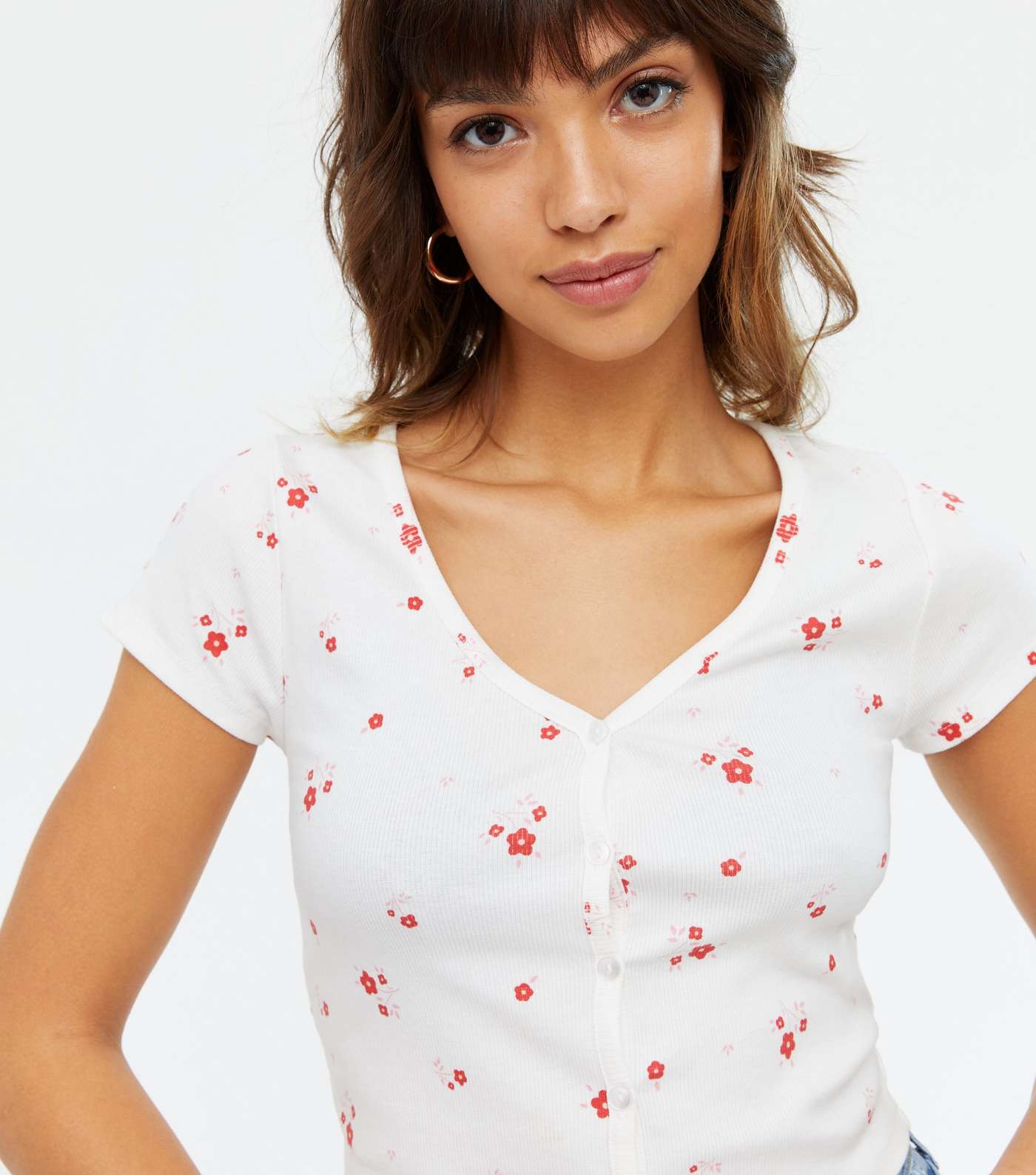 White Ditsy Floral Button Up T-Shirt