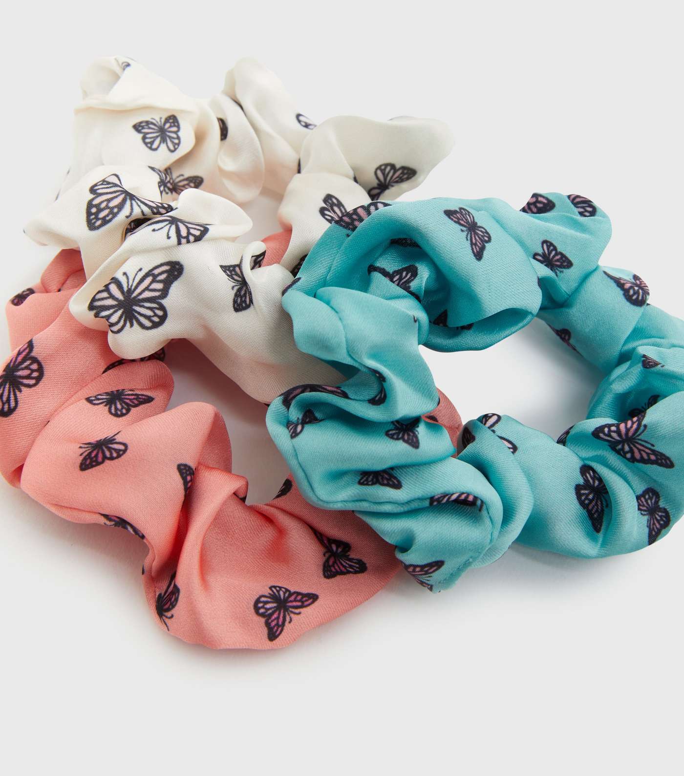 Girls 3 Pack Coral Blue and White Butterfly Scrunchies Image 2