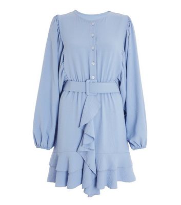 Quiz Pale Blue Crepe Frill Belted Mini Dress New Look