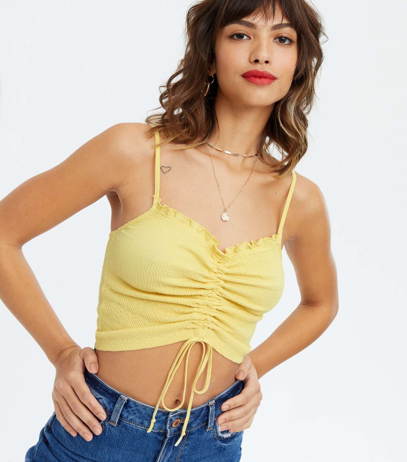 Pale Yellow Shirred Ruched Crop Cami