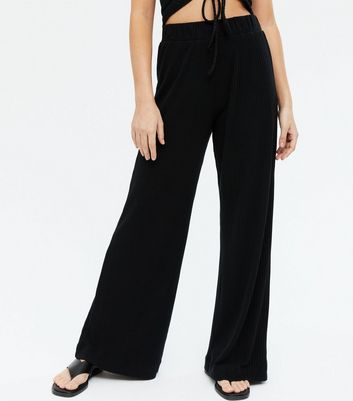 Petite Black Ribbed Wide Leg Trousers 