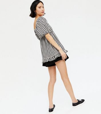 Black Gingham Square Neck Puff Sleeve Frill Blouse | New Look