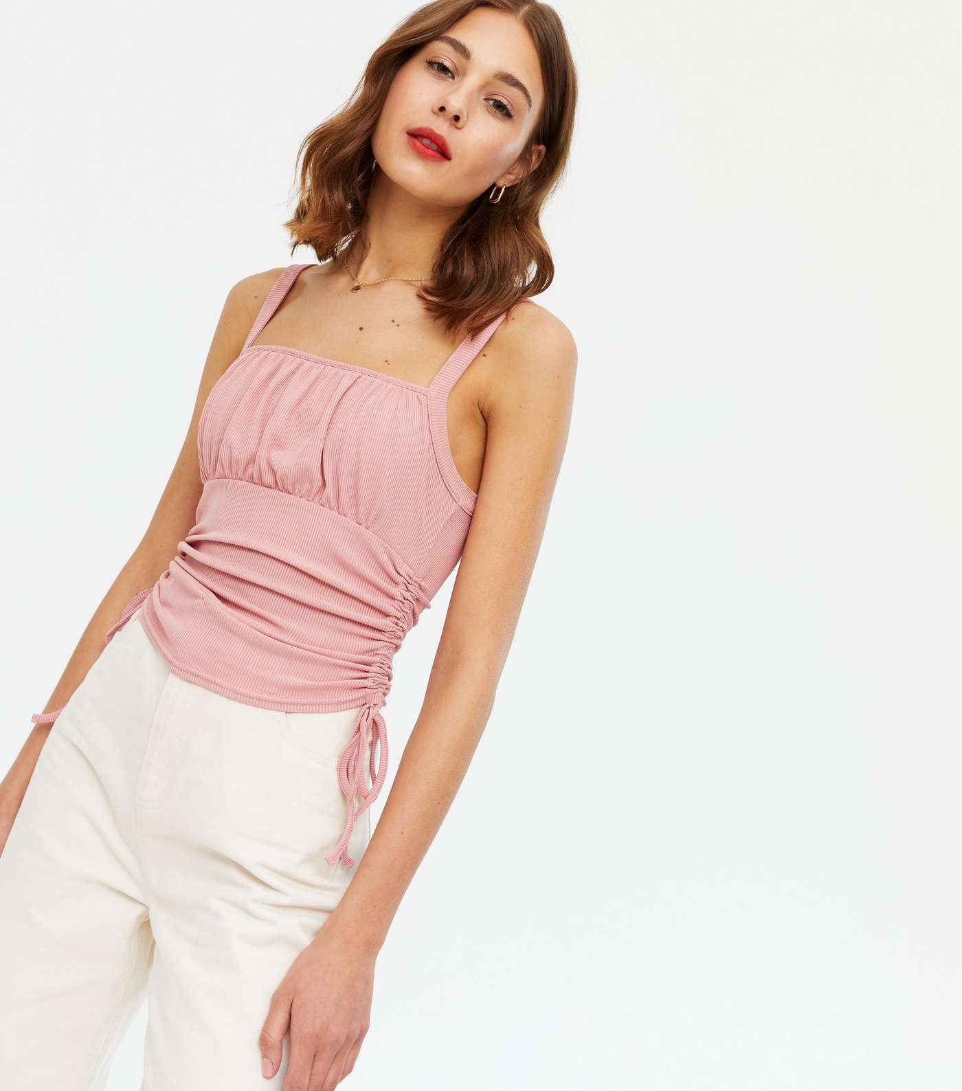 Pale Pink Ribbed Ruched Side Cami