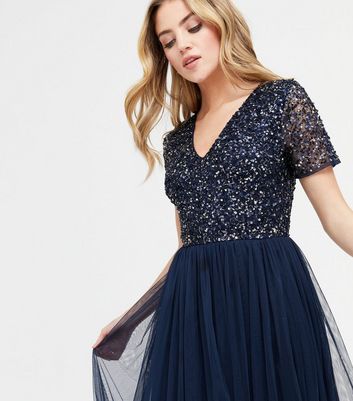 Maya Deluxe Damen Abendkleid – Langarm Mit Stickerei, A-Line Schnitt, In Navy Blue, Größen 6-28 UK
