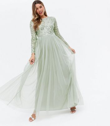 Green Sequin Long Sleeve Maxi Dress 