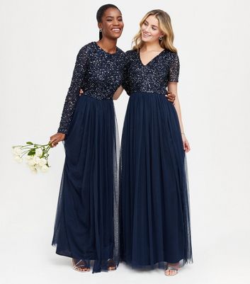 Maya Deluxe Navy Sequin Long Sleeve Maxi Dress