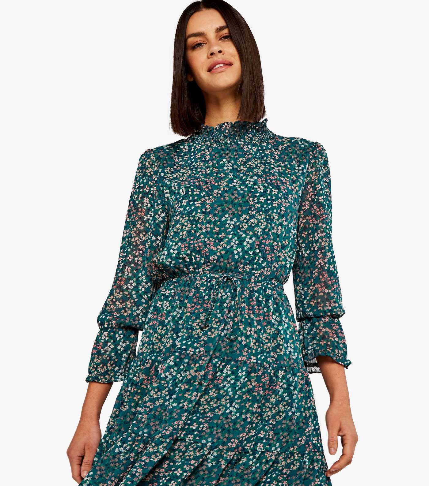 Apricot Green Floral High Neck Dress Image 3