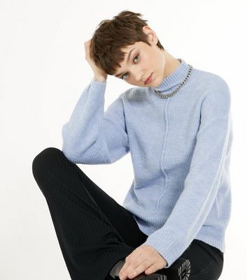 Pale Blue High Neck Seam Front Jumper 