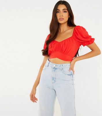 Red puff sleeve crop top clearance